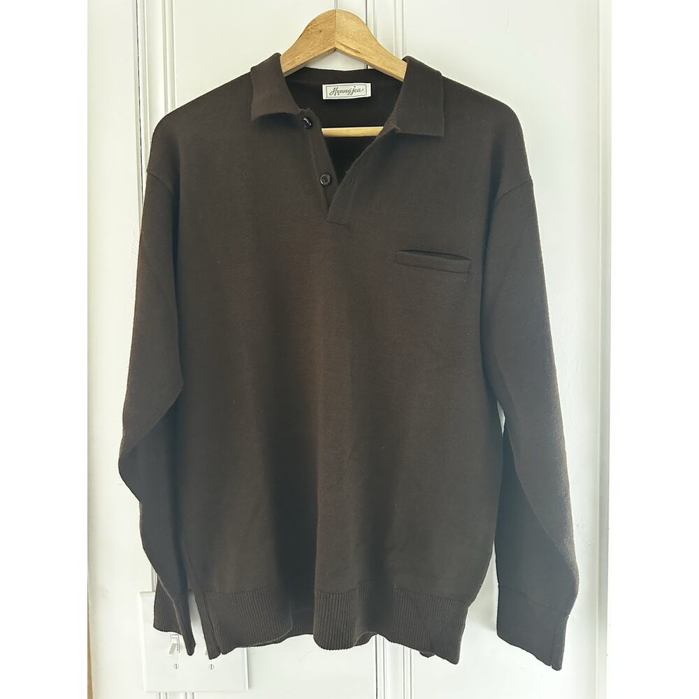Vintage Hyungjea 100% Wool Polo Sweater‎ Mens Medium Brown Knit Long Sleeve